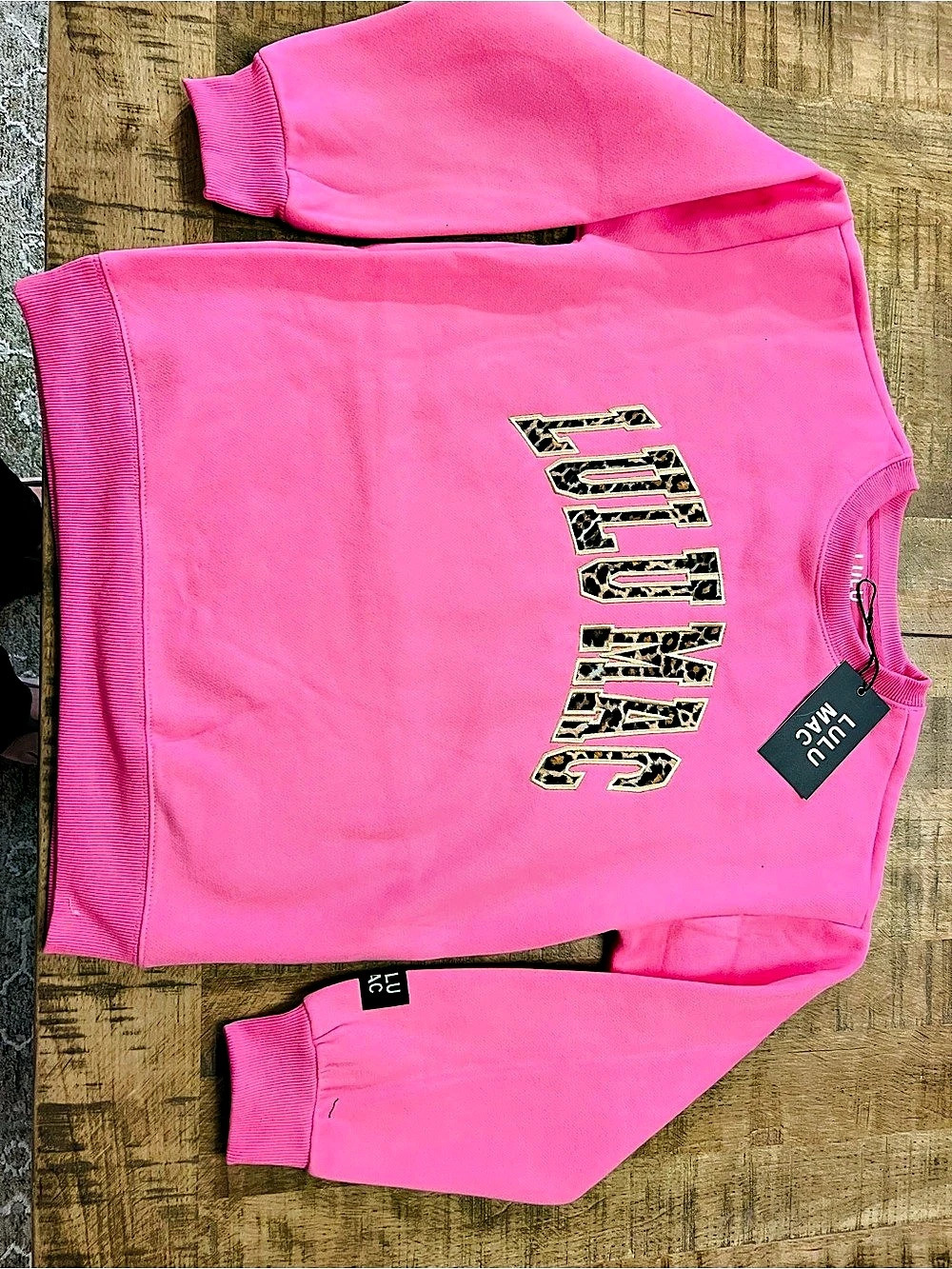 NWT LULU MAC Youth large, pink crewneck sweatshirt with leopard lettering